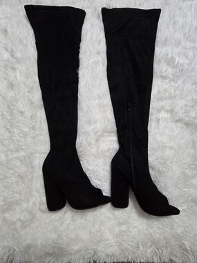 Black Over-the-Knee Peep-Toe Block Heel Boots